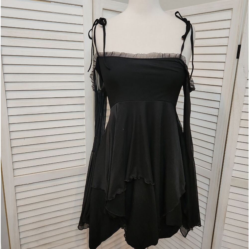 Dolls Kill Black Asymmetrical Ruffle Tie-Shoulder Mini Dress Size S